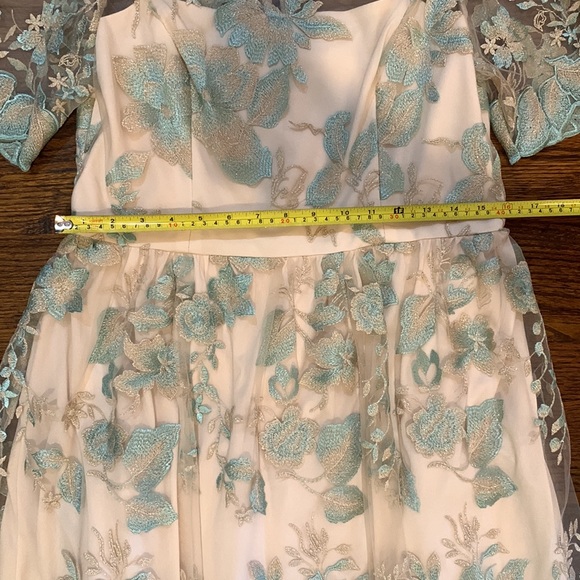 Adriana Papell Champagne and Seagreen Floral Embroidered Wedding Guest Dress - Picture 4 of 12